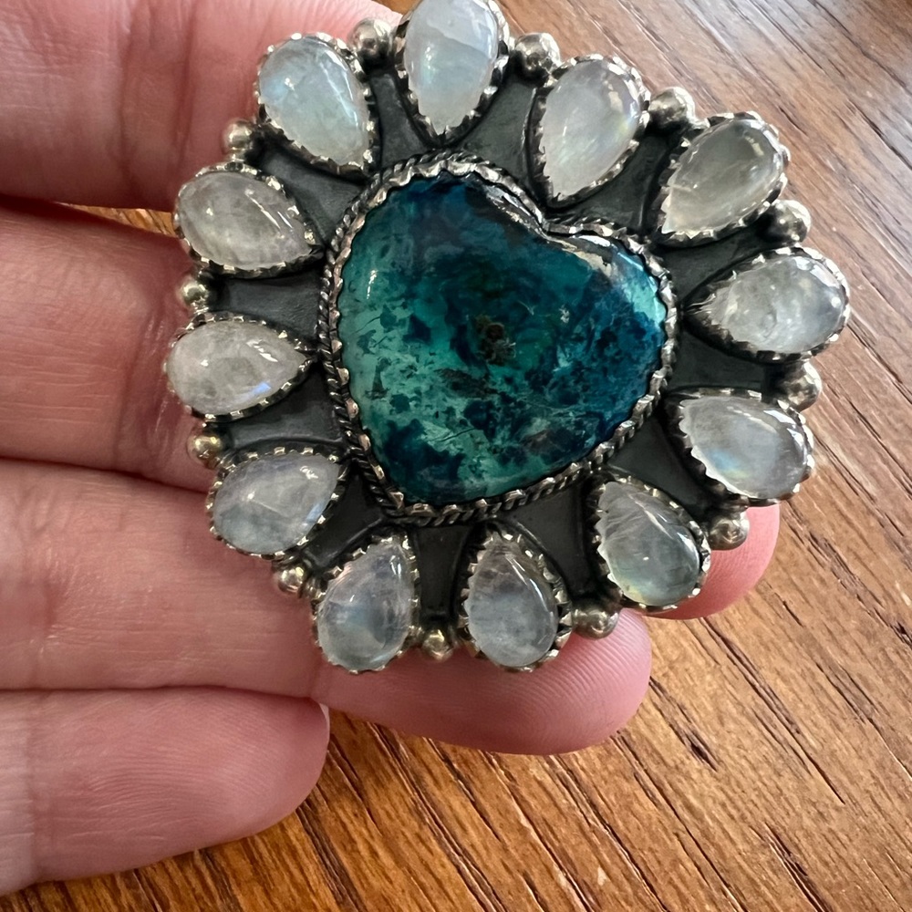 Silver Heart Ring with Blue-Green Center and Moonstone Accents